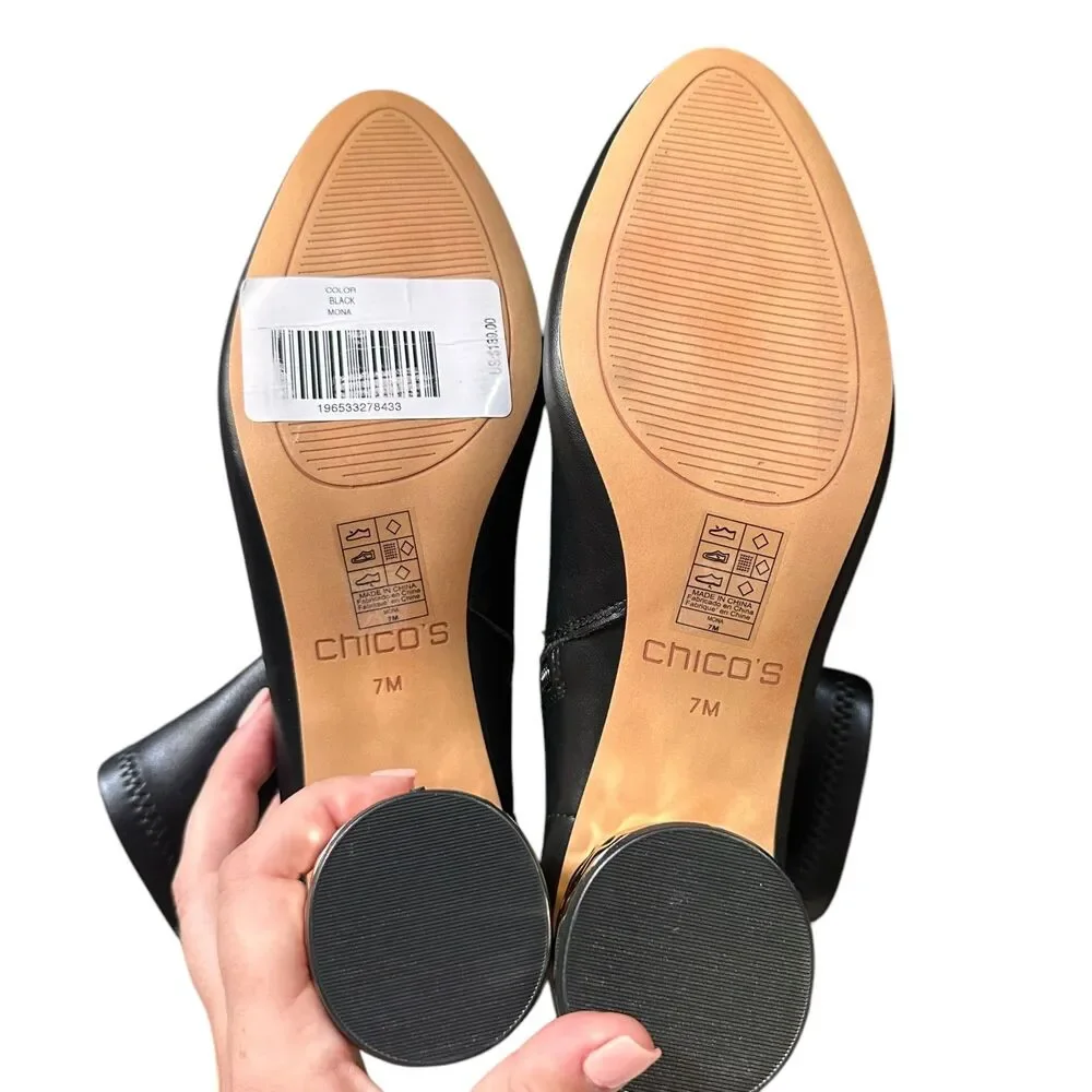 CHICO'S Faux Leather Gold Statement‎ Bootie Black NWOB Sz7